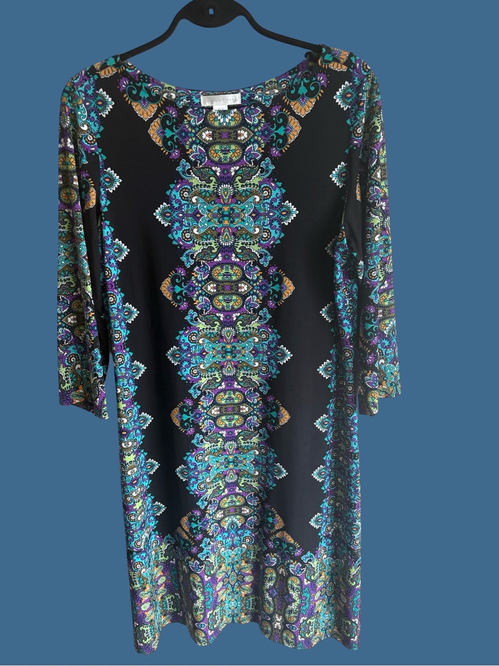 London Times Black Stretch Dress with Teal, Purple & Gold Medallion Print.